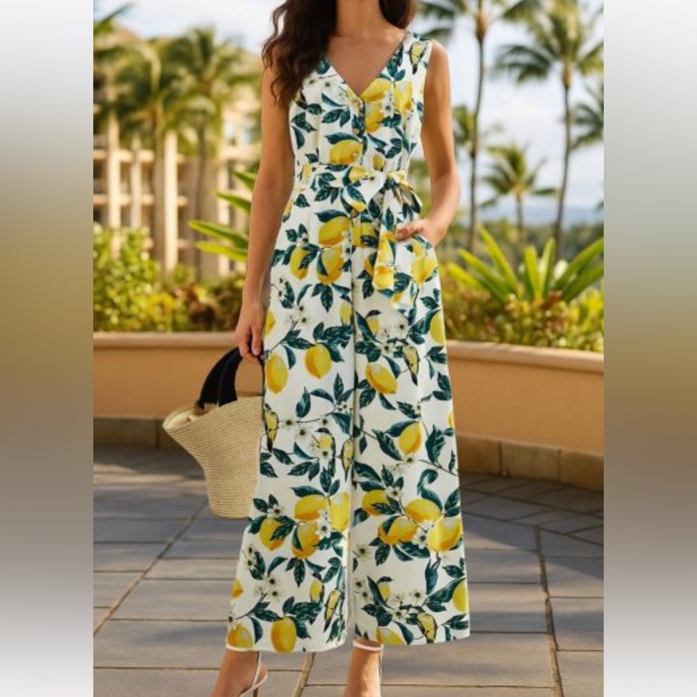 Cute VICI Floral Lemon Print Jumpsuit medium linen blend summer resort *no belt